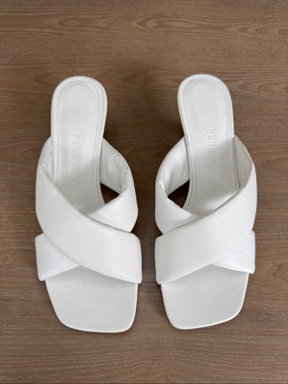 Ferragamo White Crisscross Slide Mules